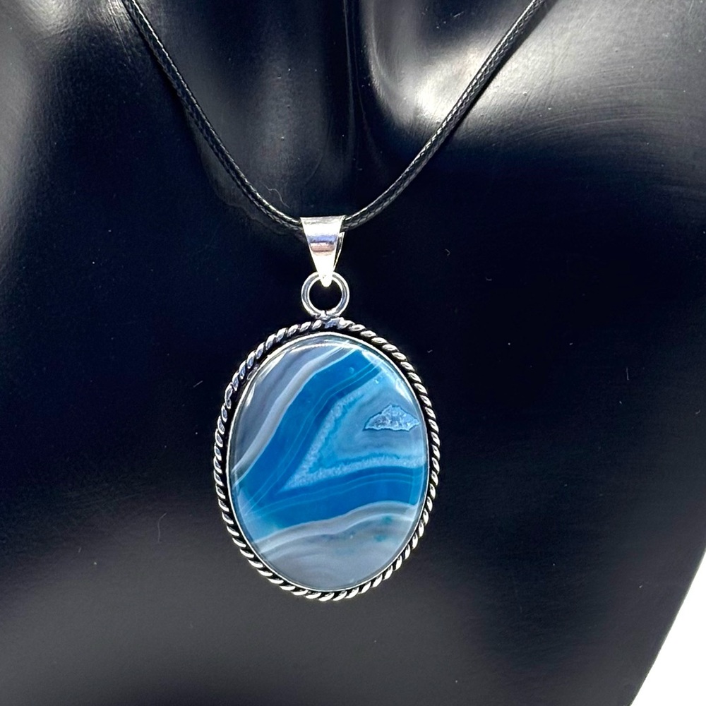 Blue Striped Agate Sterling Silver Plated Pendant on Cord